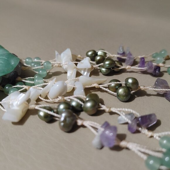 Vintage Floral Flower Necklace Gemstone MOP Shell Aventurine Pearl Amethyst - Picture 14 of 16